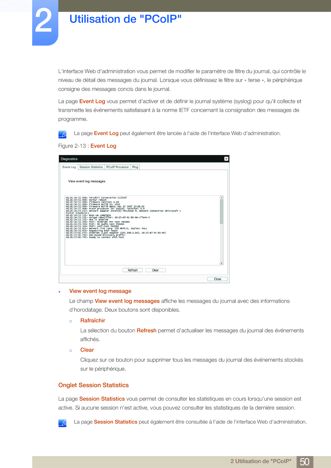 Samsung LF24NEBHBNM/EN, LF19NEBHBNM/EN manual Onglet Session Statistics, View event log message, † Rafraîchir, † Clear 