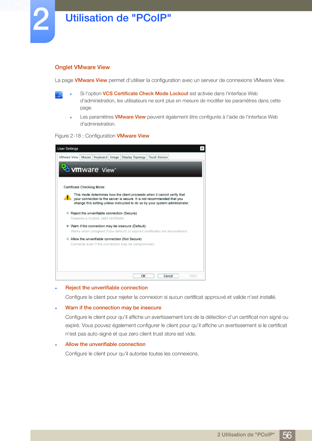 Samsung LF19NEBHBNM/EN manual Onglet VMware View, Reject the unverifiable connection, Allow the unverifiable connection 