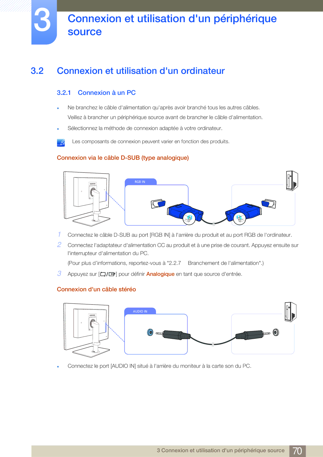 Samsung LF24NEBHBNM/EN manual Connexion et utilisation dun ordinateur, Connexion à un PC, Connexion dun câble stéréo 
