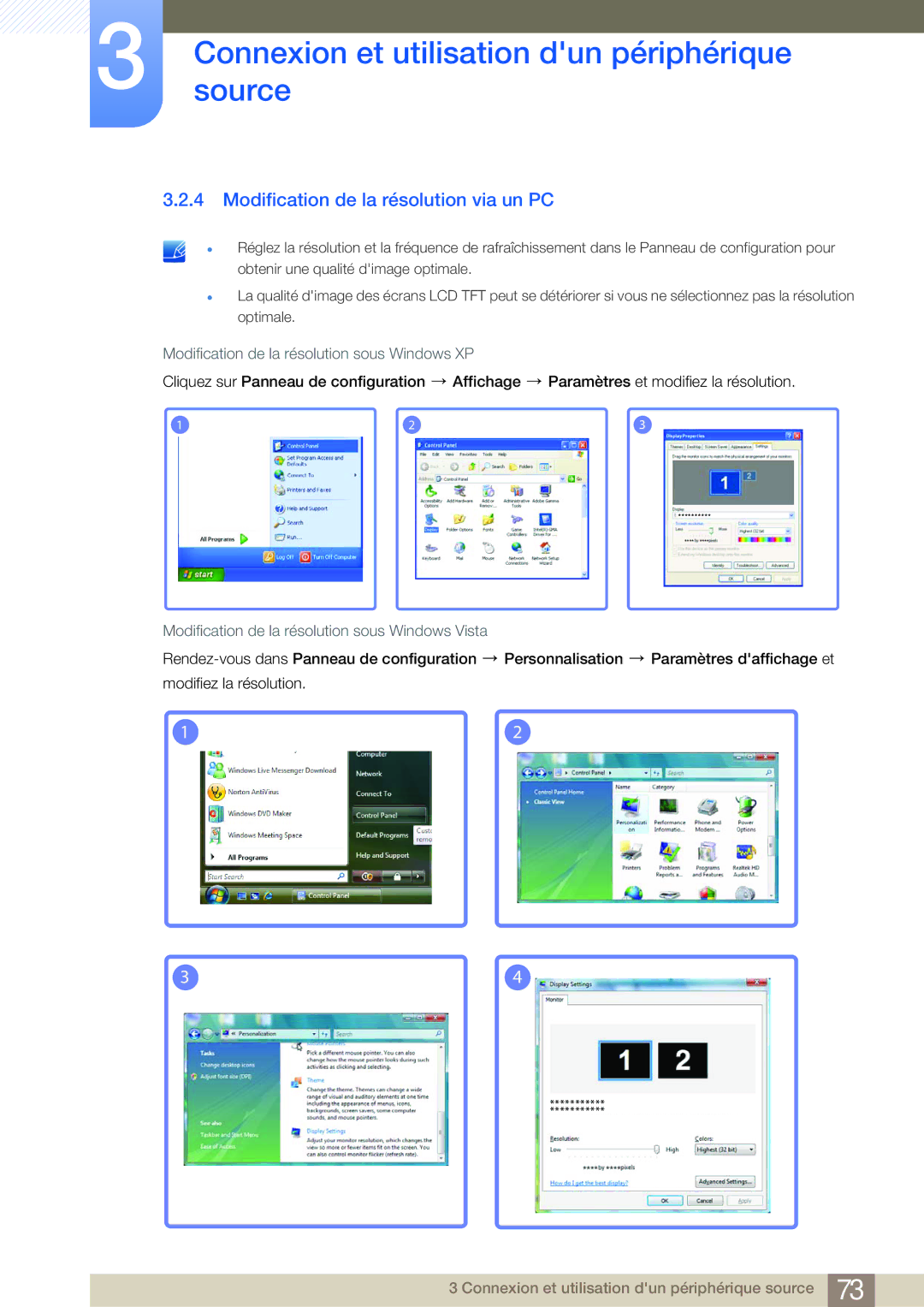 Samsung LF24NEBHBNU/EN manual Modification de la résolution via un PC, Modification de la résolution sous Windows Vista 