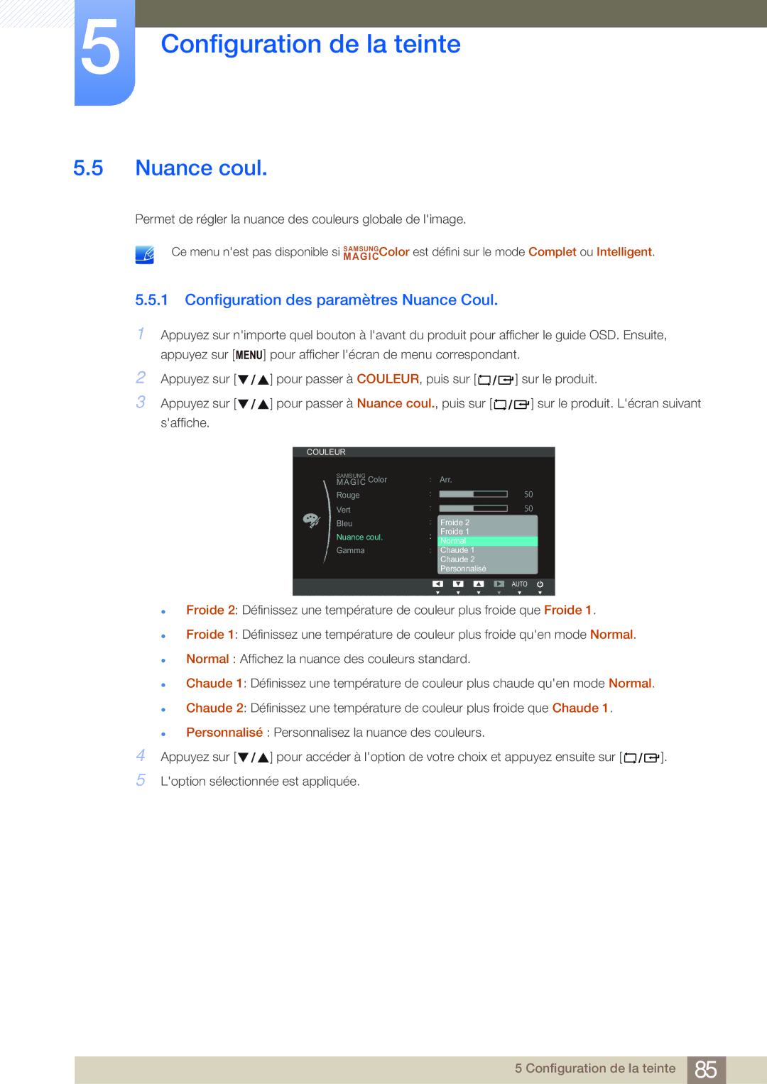 Samsung LF24NEBHBNU/EN, LF19NEBHBNM/EN, LF24NEBHBNM/EN, LF24FN1PFBZXEN Nuance coul, Configuration des paramètres Nuance Coul 