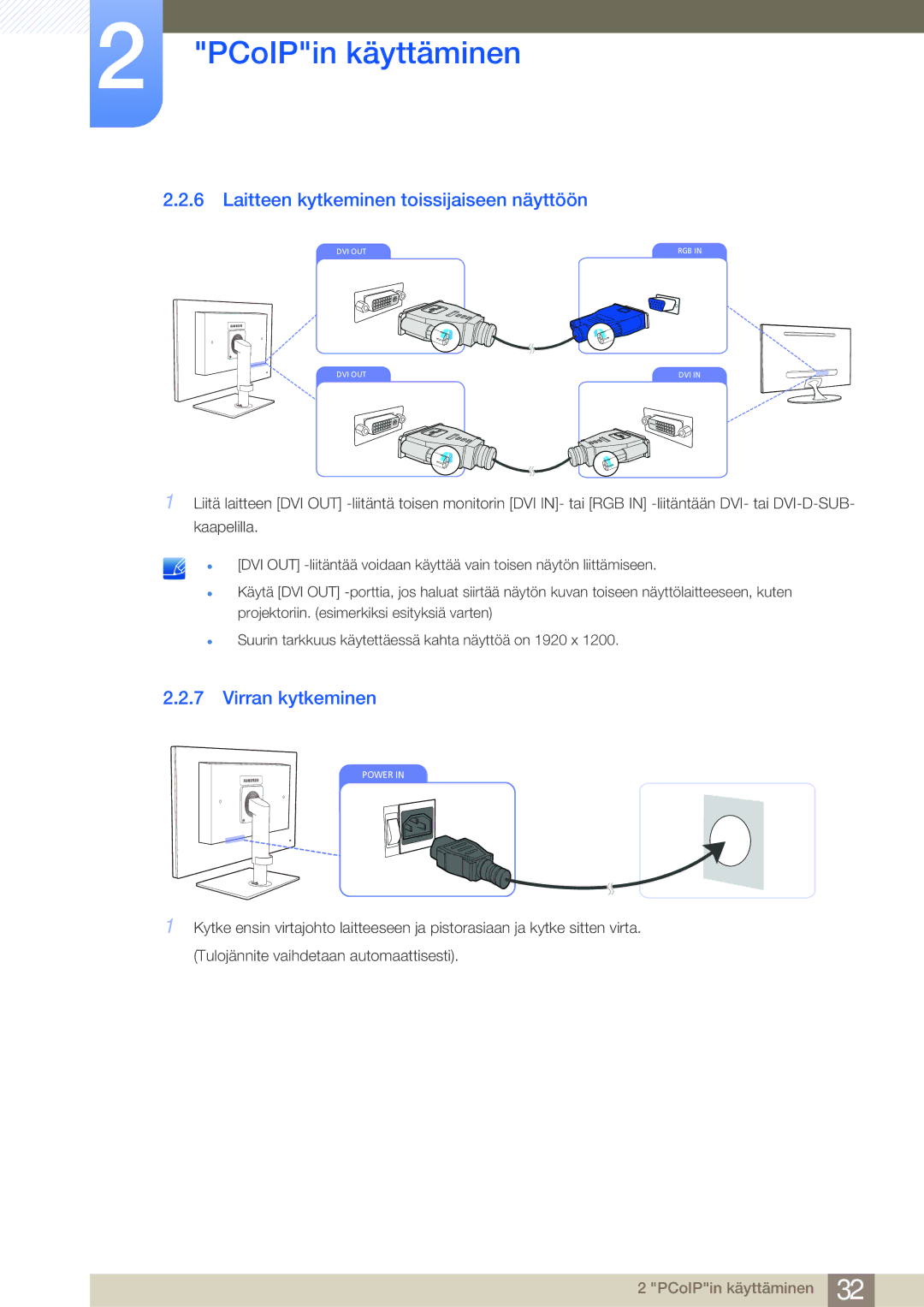 Samsung LF19NEBHBNM/EN, LF24NEBHBNU/EN, LF24NEBHBNM/EN manual Laitteen kytkeminen toissijaiseen näyttöön, Virran kytkeminen 