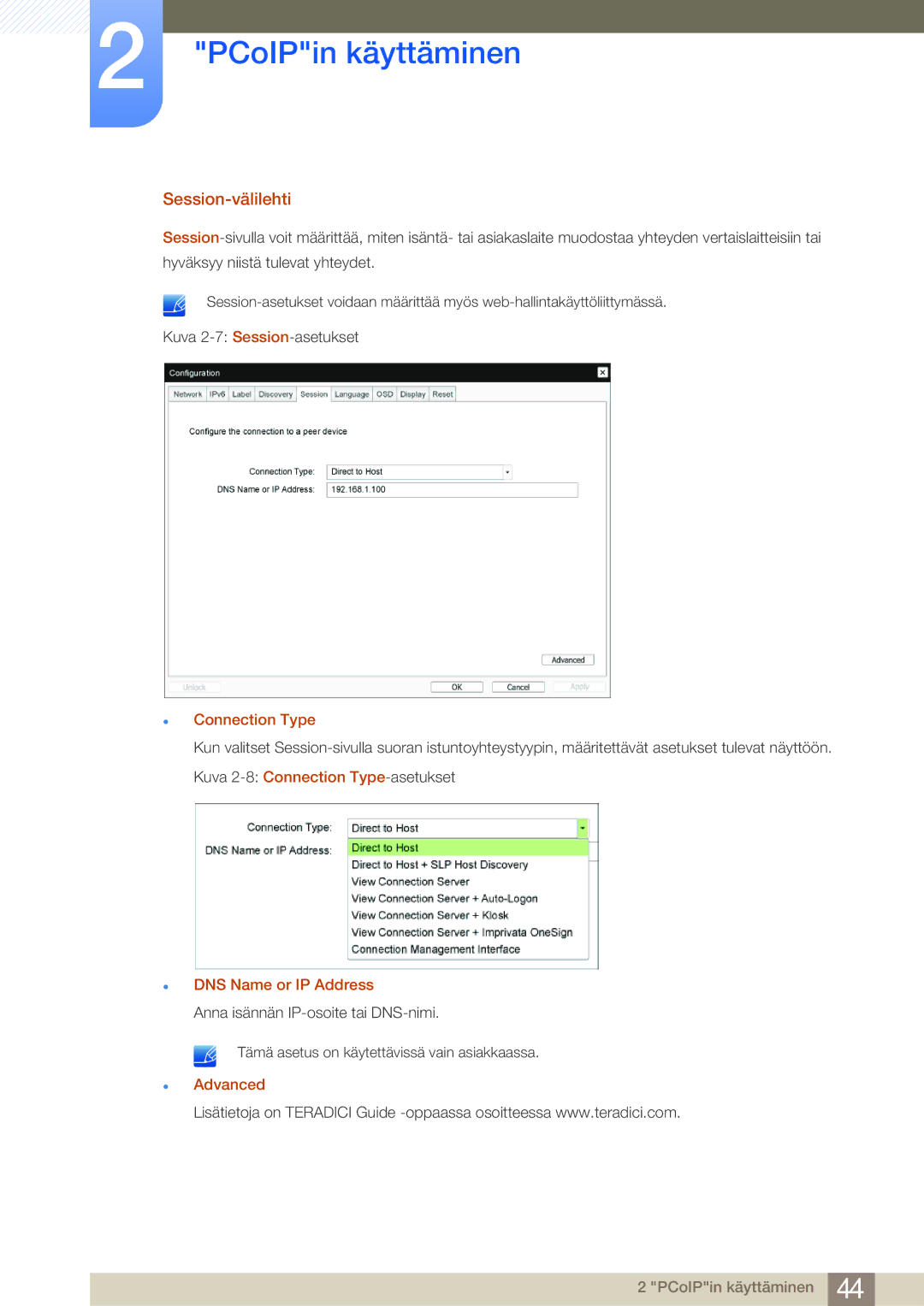 Samsung LF19NEBHBNM/EN, LF24NEBHBNU/EN, LF24NEBHBNM/EN Session-välilehti, Connection Type, DNS Name or IP Address, Advanced 