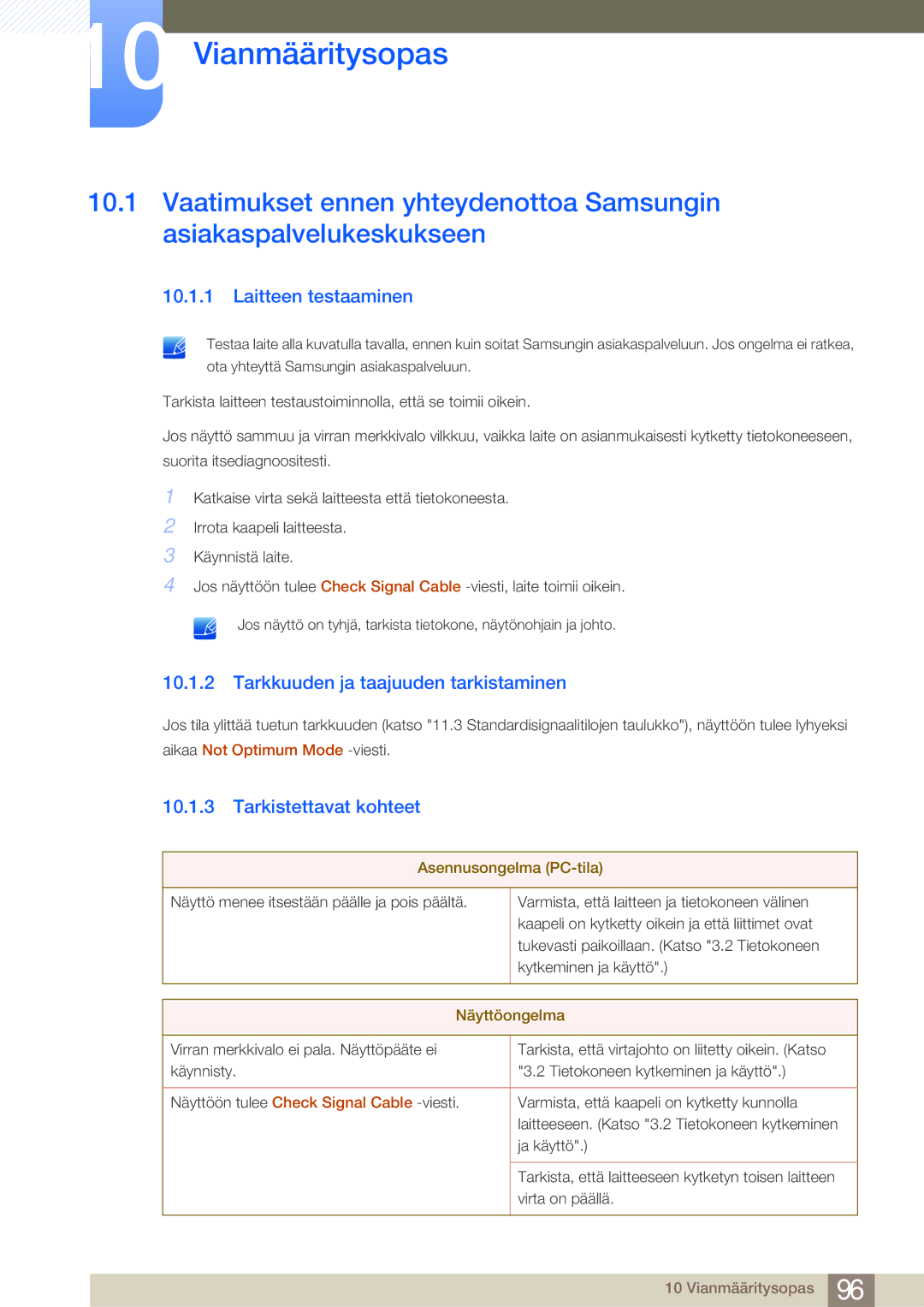 Samsung LF19NEBHBNM/EN, LF24NEBHBNU/EN manual Vianmääritysopas, Laitteen testaaminen, Tarkkuuden ja taajuuden tarkistaminen 