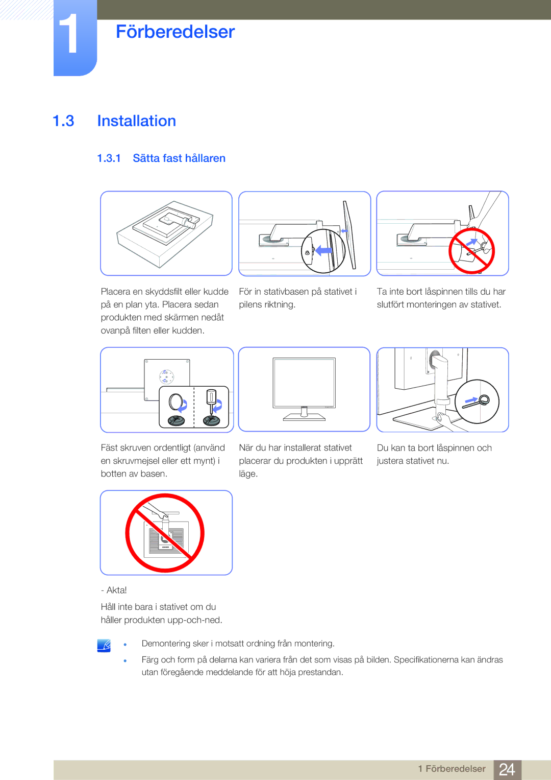 Samsung LF19NEBHBNM/EN, LF24NEBHBNU/EN, LF24NEBHBNM/EN, LF24FN1PFBZXEN manual Installation, 1 Sätta fast hållaren 