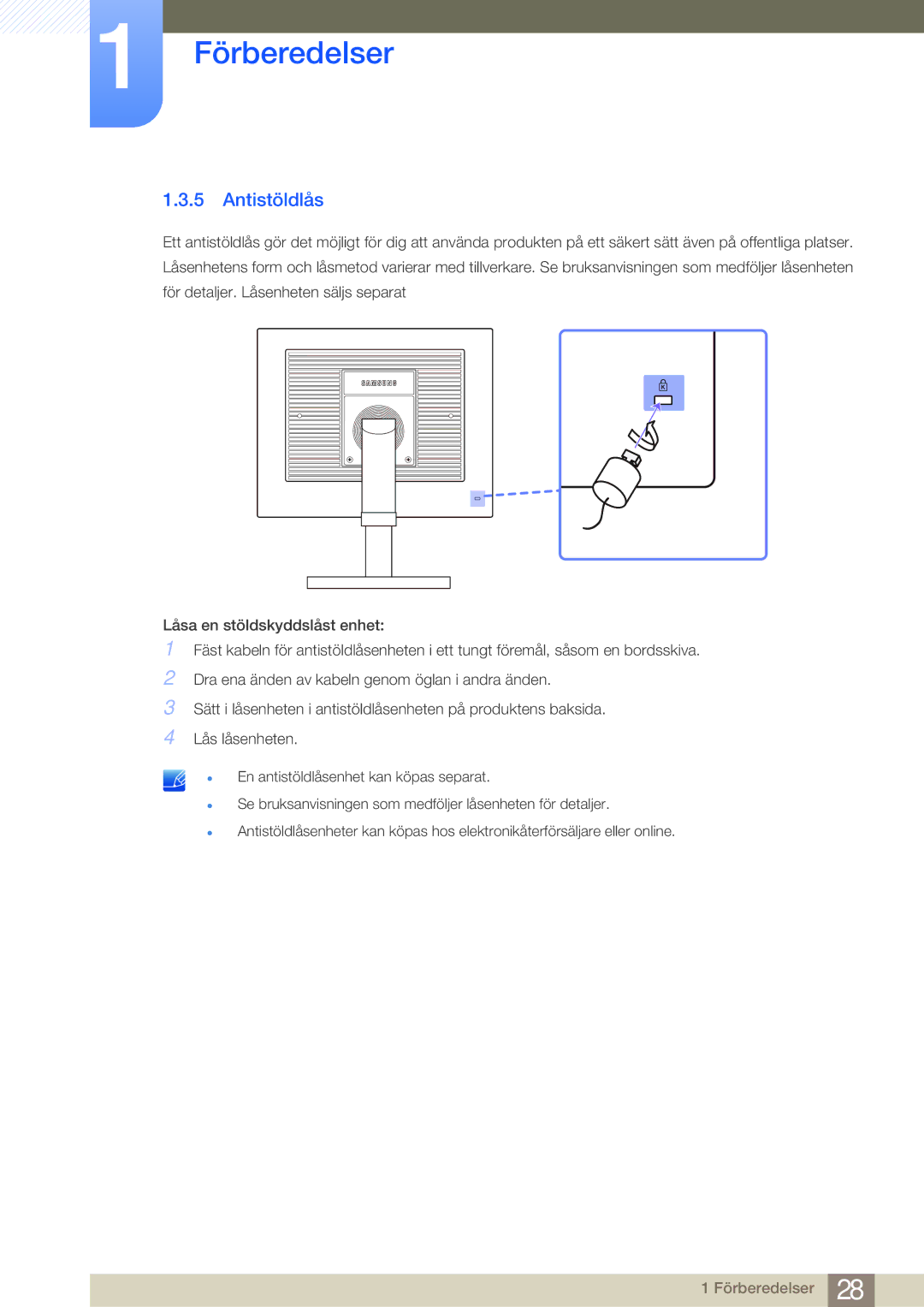 Samsung LF19NEBHBNM/EN, LF24NEBHBNU/EN, LF24NEBHBNM/EN, LF24FN1PFBZXEN manual Antistöldlås 