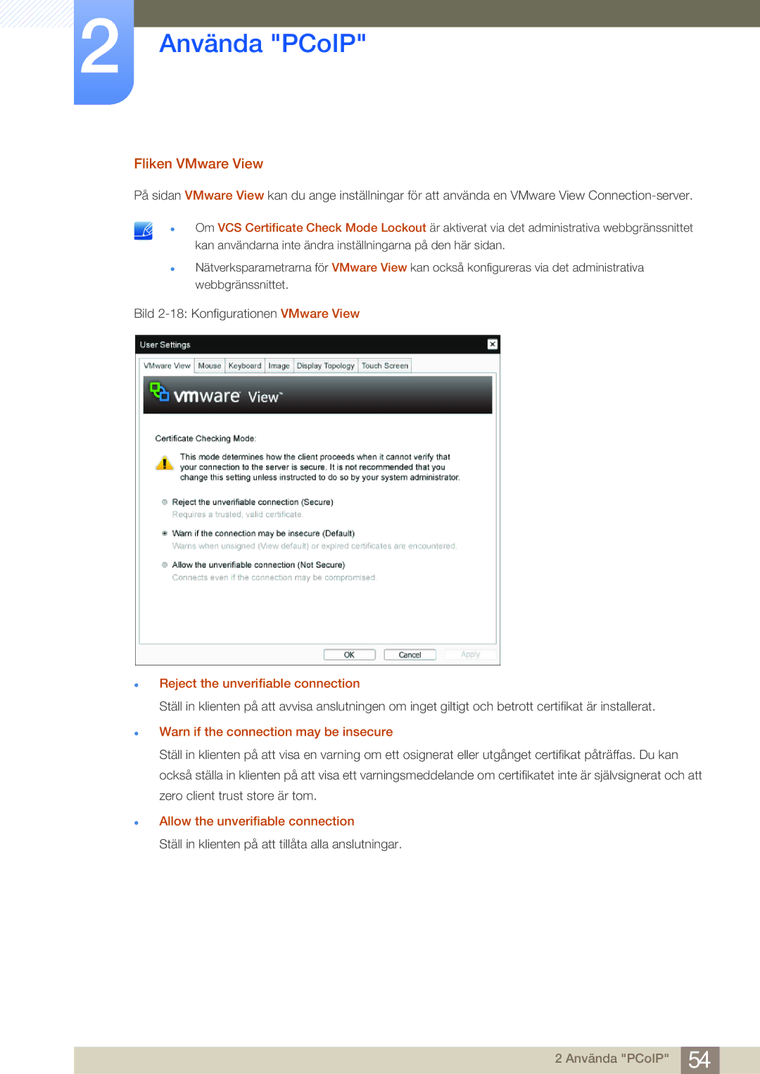 Samsung LF24NEBHBNM/EN manual Fliken VMware View, Reject the unverifiable connection, Allow the unverifiable connection 