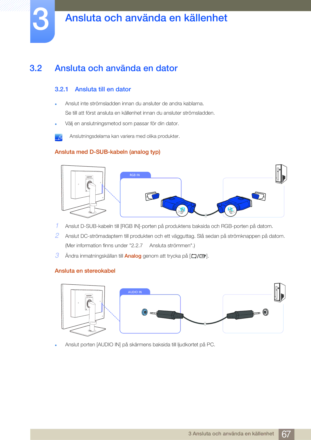 Samsung LF24FN1PFBZXEN manual Ansluta och använda en dator, Ansluta till en dator, Ansluta med D-SUB-kabeln analog typ 