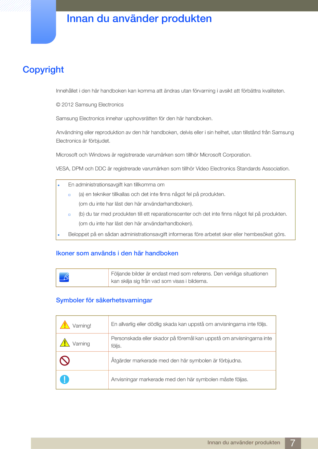 Samsung LF24FN1PFBZXEN, LF19NEBHBNM/EN manual Innan du använder produkten, Copyright, Ikoner som används i den här handboken 