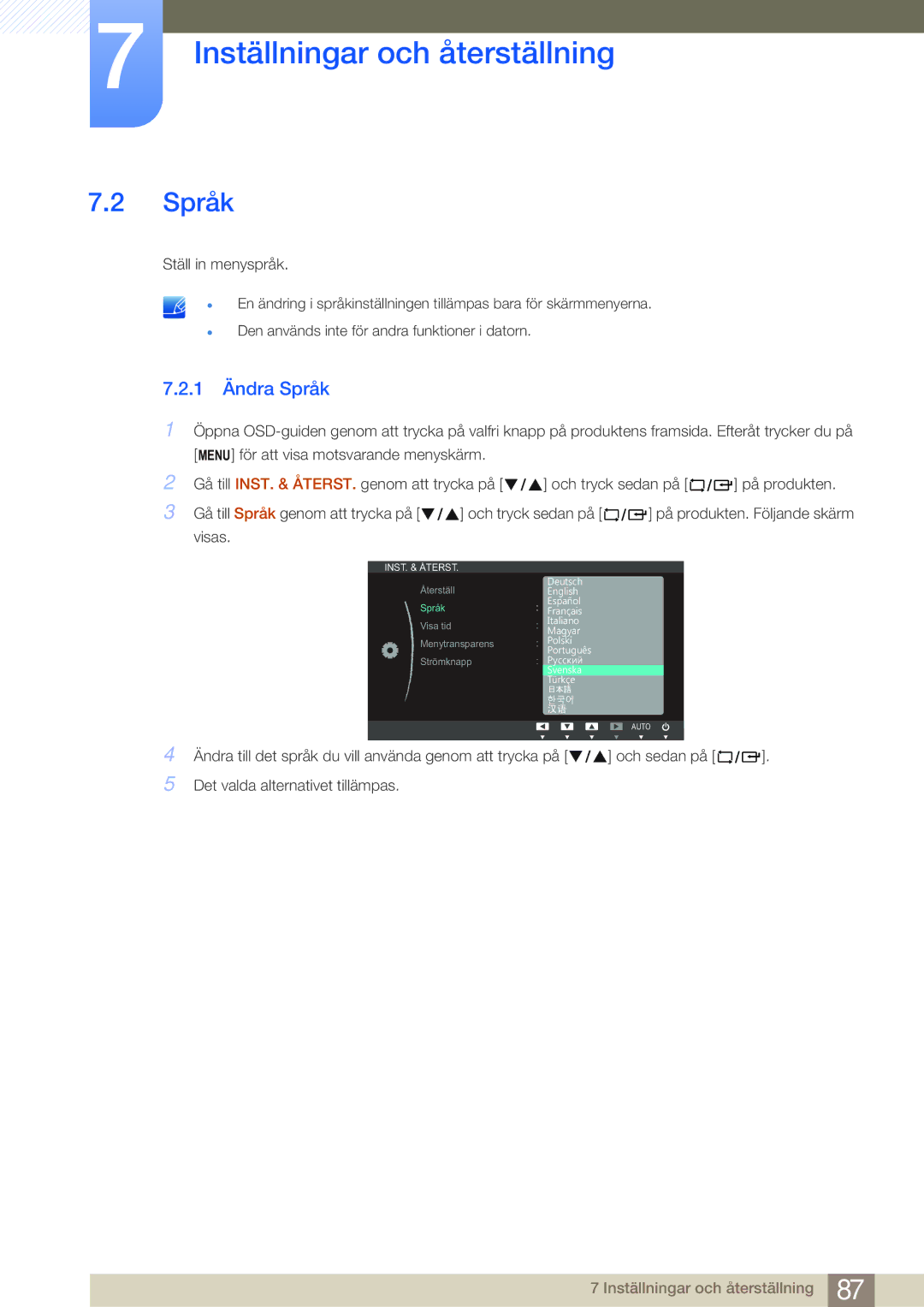 Samsung LF24FN1PFBZXEN, LF19NEBHBNM/EN, LF24NEBHBNU/EN, LF24NEBHBNM/EN manual 1 Ändra Språk 