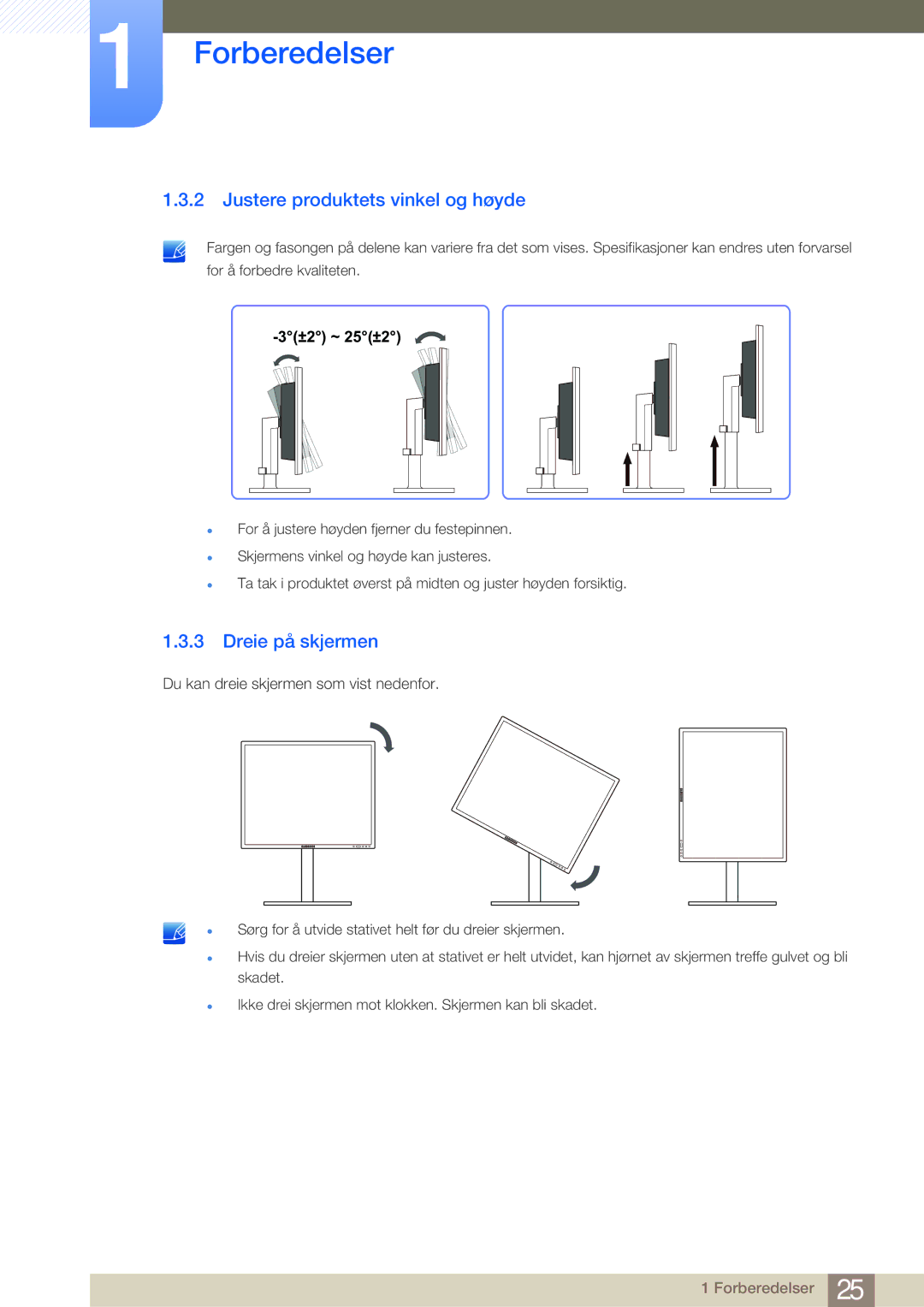 Samsung LF24NEBHBNU/EN, LF19NEBHBNM/EN, LF24NEBHBNM/EN, LF24FN1PFBZXEN Justere produktets vinkel og høyde, Dreie på skjermen 