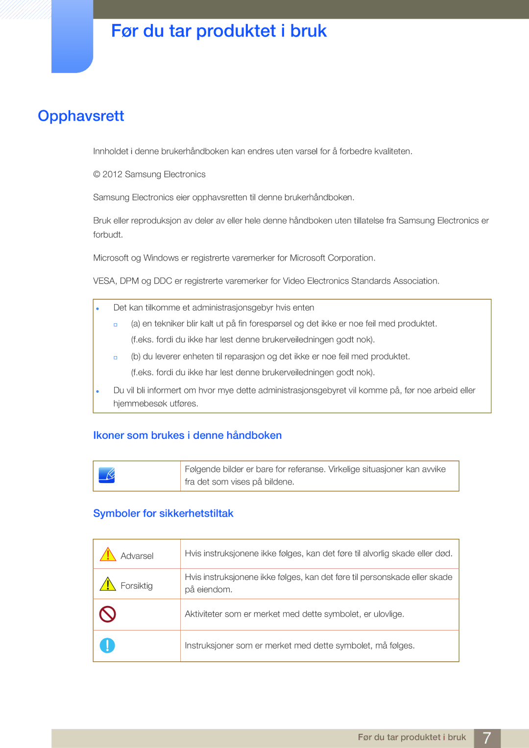 Samsung LF24FN1PFBZXEN, LF19NEBHBNM/EN manual Før du tar produktet i bruk, Opphavsrett, Ikoner som brukes i denne håndboken 