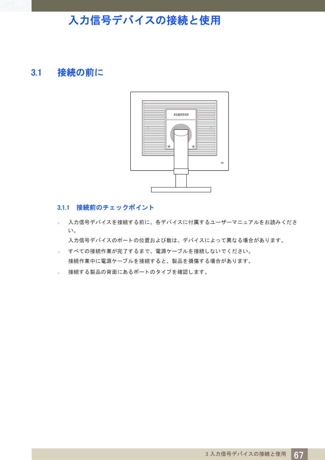 Samsung LF24NEBHBNM/XJ, LF19NEBHBNM/XJ manual 入力信号デバイスの接続と使用, 接続の前に, 1 接続前のチ ェ ッ クポイ ン ト 