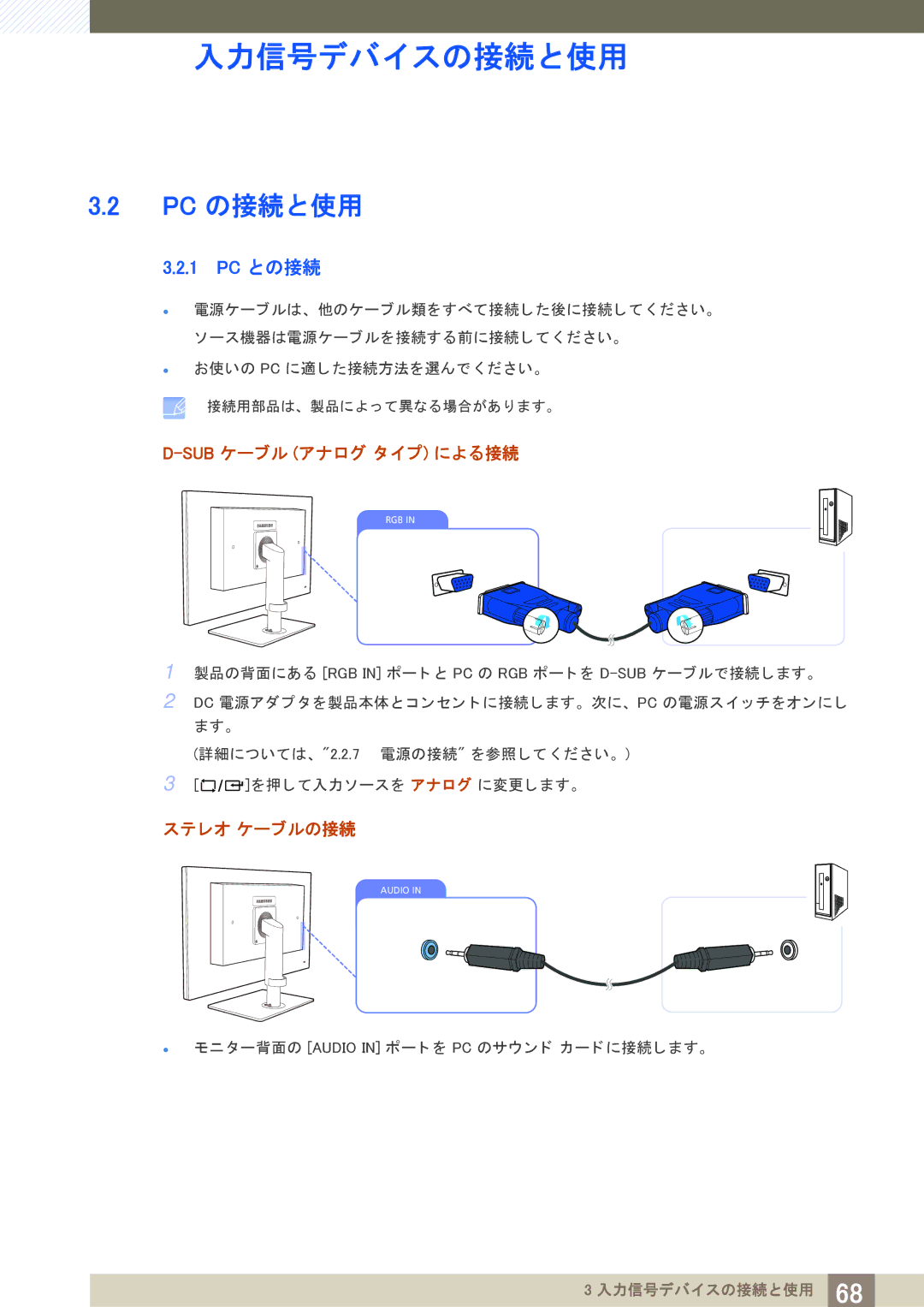 Samsung LF19NEBHBNM/XJ, LF24NEBHBNM/XJ manual Pc の接続と使用, 1 PC との接続, Sub ケーブル アナログ タ イ プ による接続, テレオ ケーブルの接続 