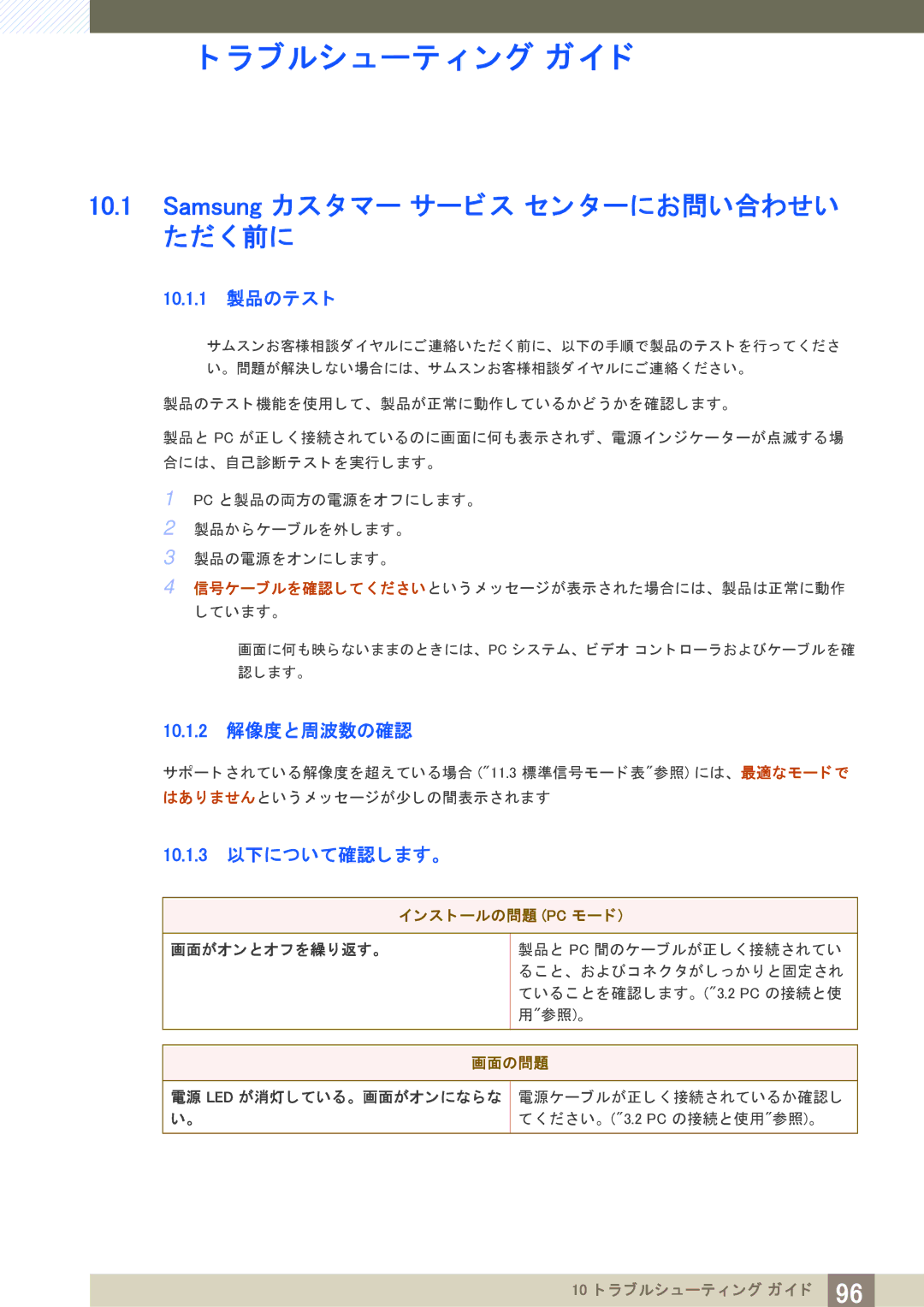 Samsung LF19NEBHBNM/XJ manual 10 ト ラ ブルシ ューテ ィ ング ガイ ド, Samsung カス タ マー サービス セン ターにお問い合わせい ただ く 前に, 10.1.1 製品のテス ト 