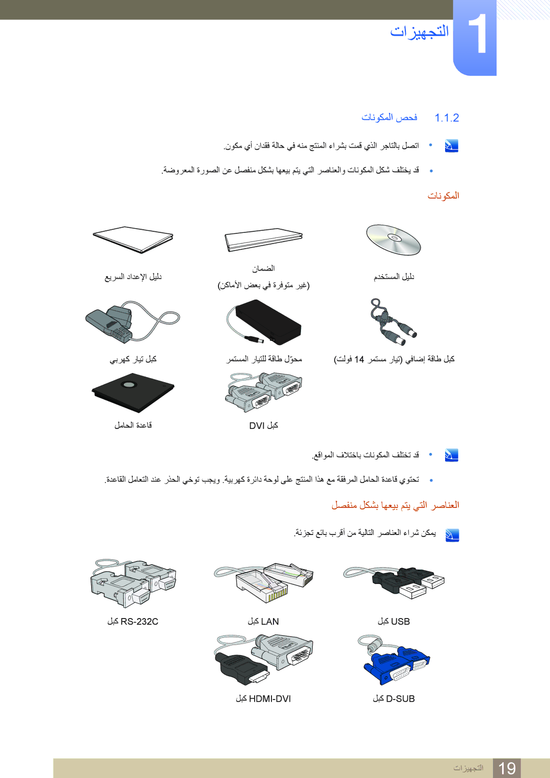 Samsung LF22NSBTBN/NG, LF19NSBTBN/EN, LF24NSBTBN/EN, LF22NSBTBN/EN manual ﺕﺎﻧﻮﻜﻤﻟﺍ ﺺﺤﻓ, ﻞﺼﻔﻨﻣ ﻞﻜﺸﺑ ﺎﻬﻌﻴﺑ ﻢﺘﻳ ﻲﺘﻟﺍ ﺮﺻﺎﻨﻌﻟﺍ 