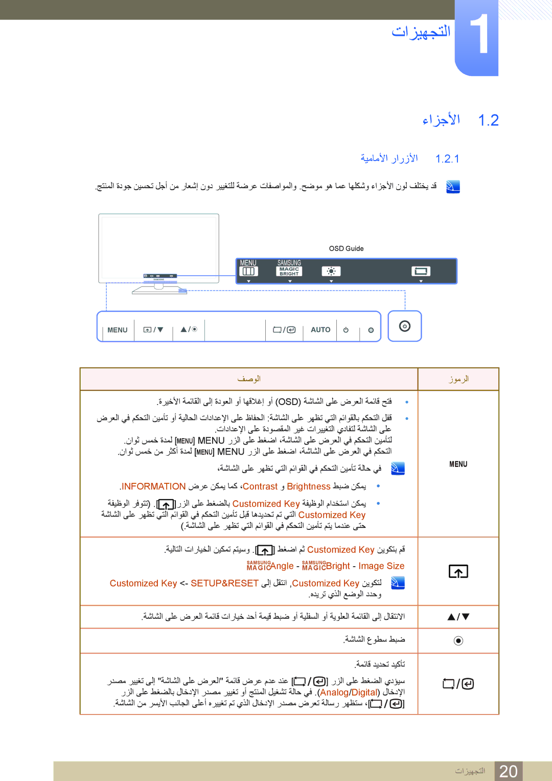 Samsung LF19NSBTBN/EN, LF24NSBTBN/EN manual ءﺍﺰﺟﻷﺍ, ﺔﻴﻣﺎﻣﻷﺍ ﺭﺍﺭﺯﻷﺍ, Information ﺽﺮﻋ ﻦﻜﻤﻳ ﺎﻤﻛ ،Contrast ﻭ Brightness ﻂﺒﺿ ﻦﻜﻤﻳ 