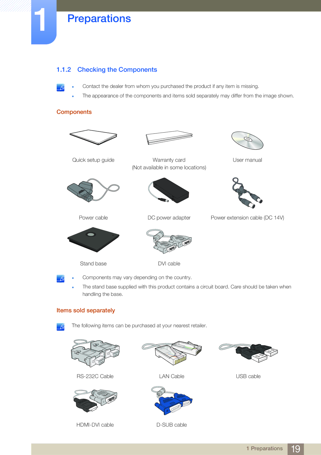 Samsung LF19NSBTBNMXV, LF19NSBTBN/EN, LF24NSBTBN/EN, LF22NSBTBN/EN manual Checking the Components, Items sold separately 