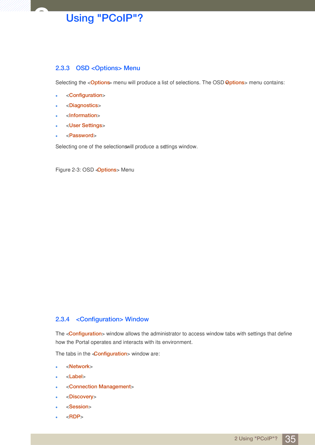 Samsung LF22NSBTBN/EN OSD Options Menu, Configuration Window, Network Label Connection Management Discovery Session RDP 