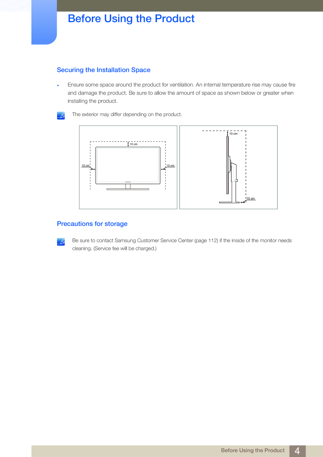 Samsung LF19NSBTBN/XJ, LF19NSBTBN/EN, LF24NSBTBN/EN, LF22NSBTBN/EN Securing the Installation Space, Precautions for storage 