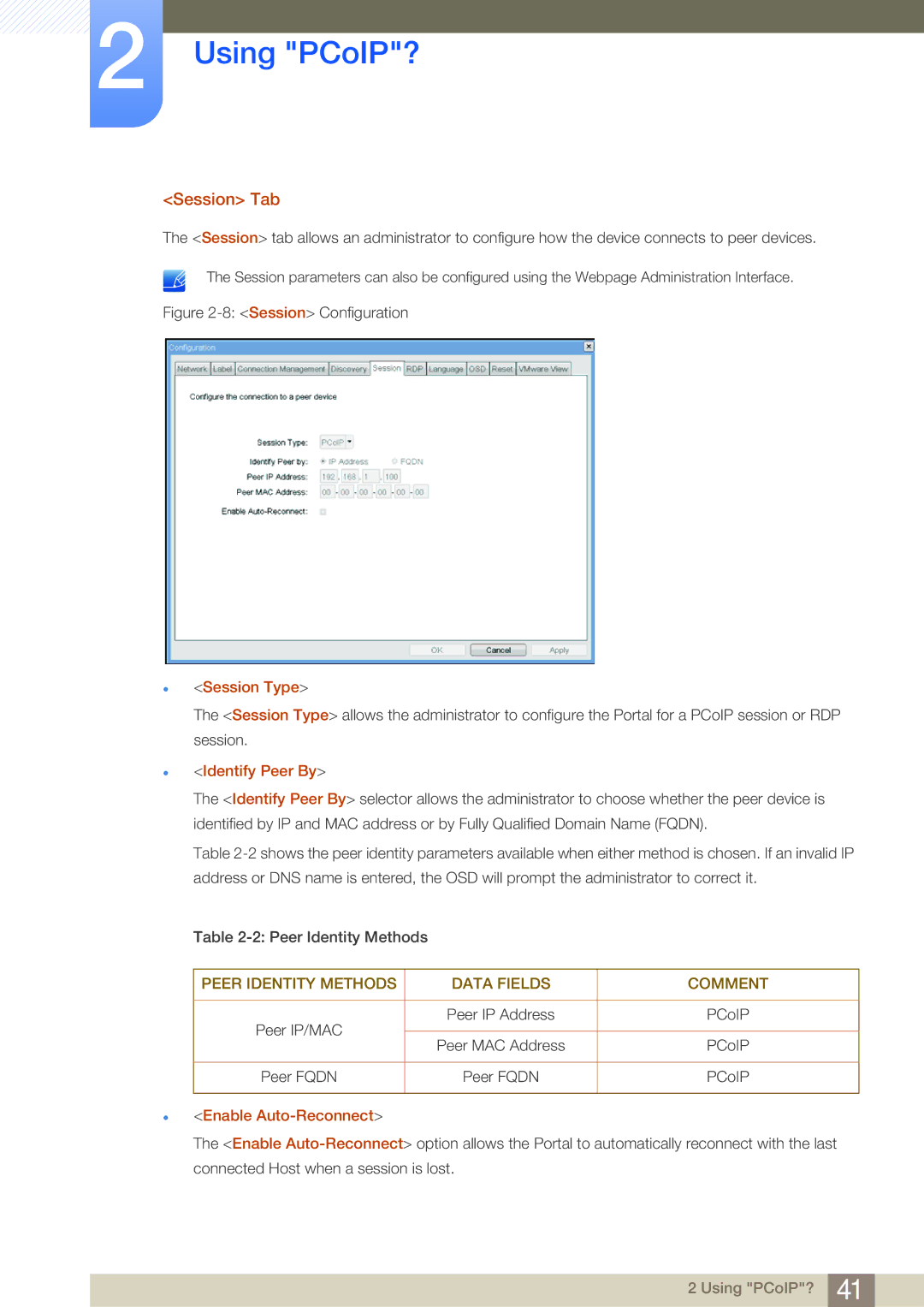 Samsung LF19NSBTBNMXV, LF19NSBTBN/EN, LF24NSBTBN/EN manual Session Tab, Session Type, Identify Peer By, Enable Auto-Reconnect 