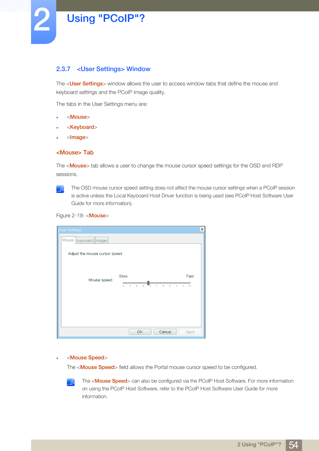 Samsung LF19NSBTBN/XS, LF19NSBTBN/EN, LF24NSBTBN/EN manual User Settings Window, Mouse Tab, Mouse Keyboard Image, Mouse Speed 