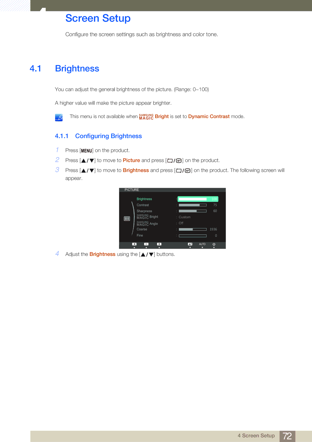 Samsung LF22NSBTBN/NG, LF19NSBTBN/EN, LF24NSBTBN/EN, LF22NSBTBN/EN, LF24NSBTBN/XJ Screen Setup, Configuring Brightness 