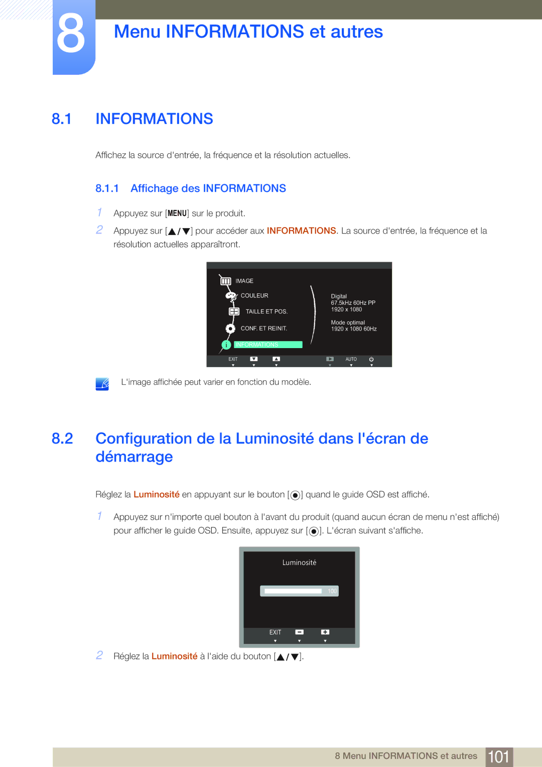 Samsung LF22NSBTBN/EN, LF19NSBTBN/EN Menu Informations et autres, Configuration de la Luminosité dans lécran de démarrage 