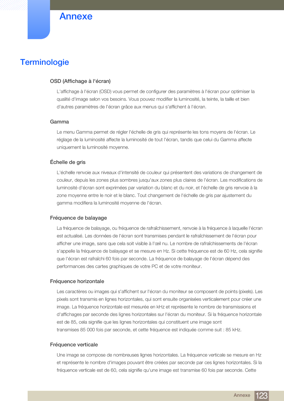 Samsung LF19NSBTBN/EN, LF24NSBTBN/EN, LF22NSBTBN/EN manual Terminologie, OSD Affichage à lécran 