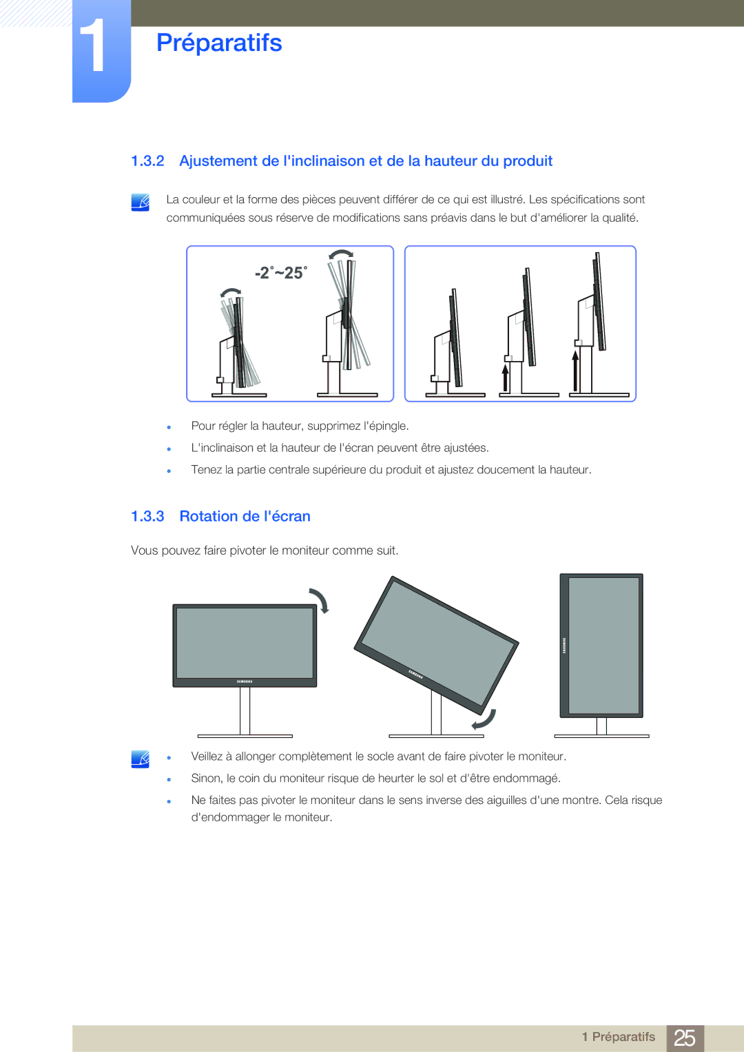 Samsung LF24NSBTBN/EN, LF19NSBTBN/EN manual Ajustement de linclinaison et de la hauteur du produit, Rotation de lécran 