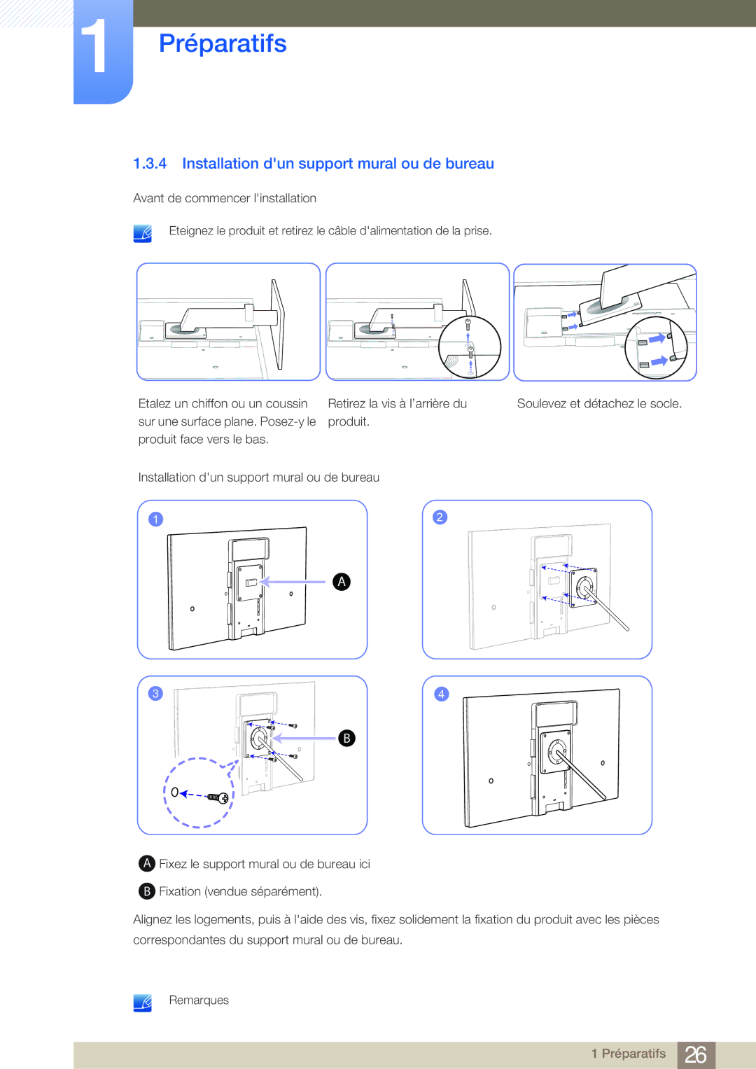 Samsung LF22NSBTBN/EN, LF19NSBTBN/EN, LF24NSBTBN/EN manual Installation dun support mural ou de bureau 