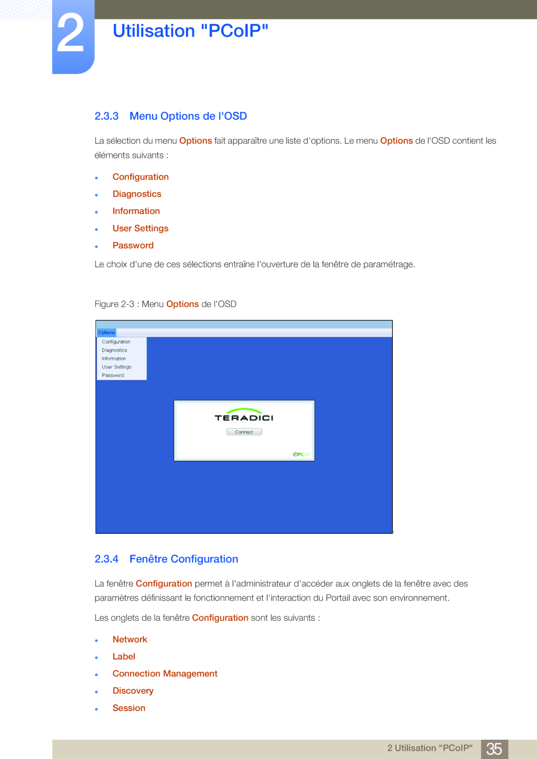 Samsung LF22NSBTBN/EN Menu Options de lOSD, 4 Fenêtre Configuration, Network Label Connection Management Discovery Session 