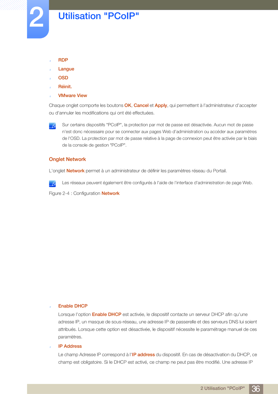 Samsung LF19NSBTBN/EN, LF24NSBTBN/EN, LF22NSBTBN/EN Onglet Network, Langue, Réinit VMware View, Enable Dhcp, IP Address 