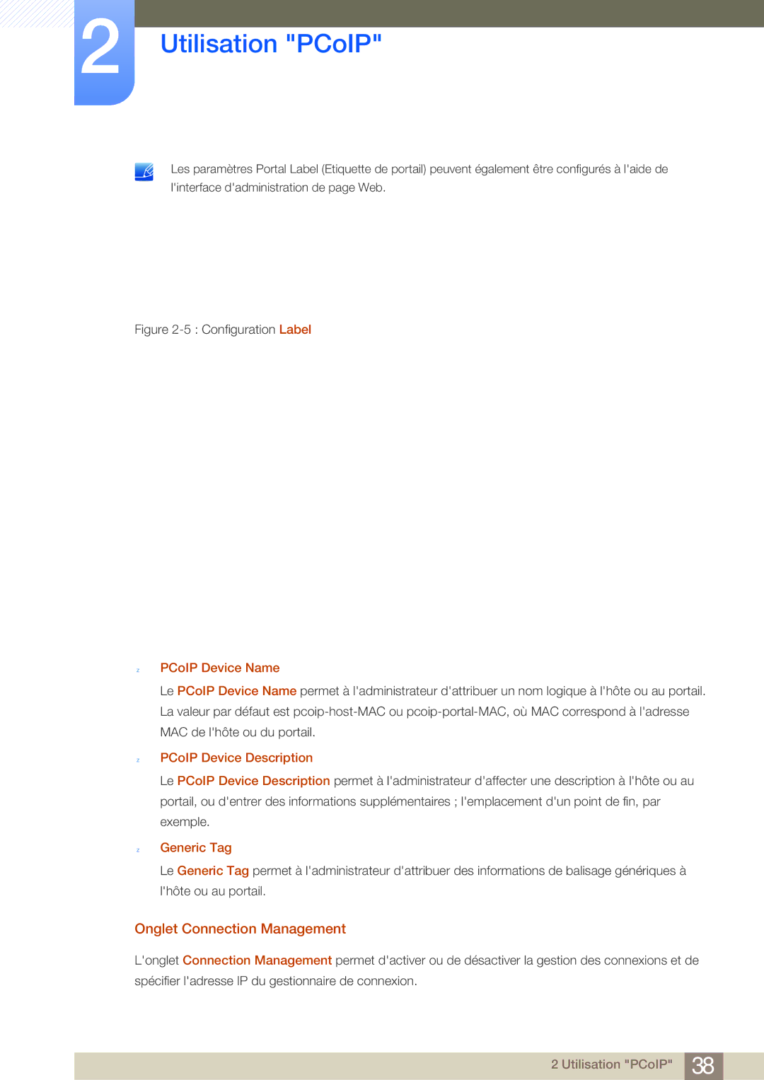 Samsung LF22NSBTBN/EN manual Onglet Connection Management, PCoIP Device Name, PCoIP Device Description, Generic Tag 