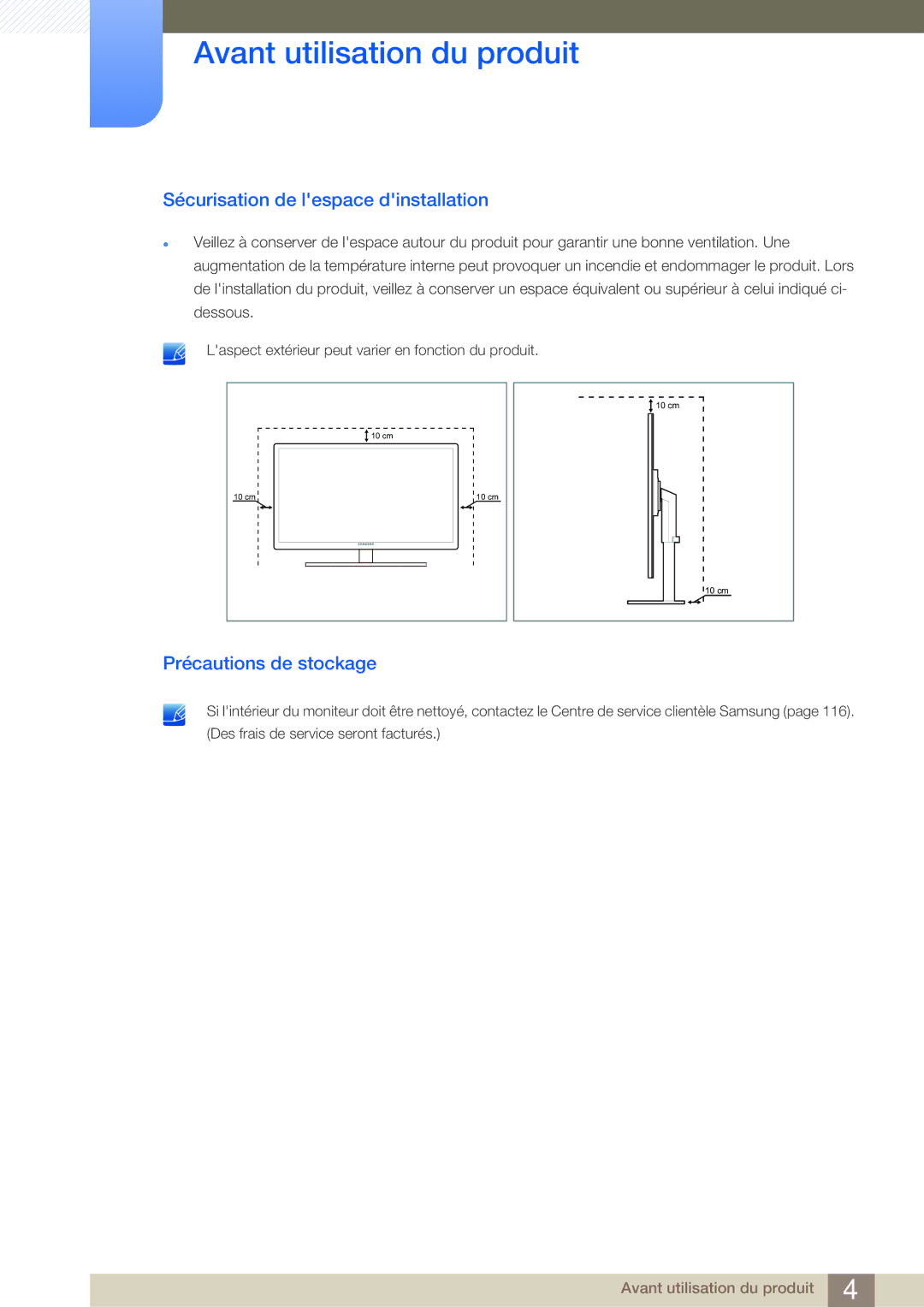 Samsung LF24NSBTBN/EN, LF19NSBTBN/EN, LF22NSBTBN/EN manual Sécurisation de lespace dinstallation, Précautions de stockage 