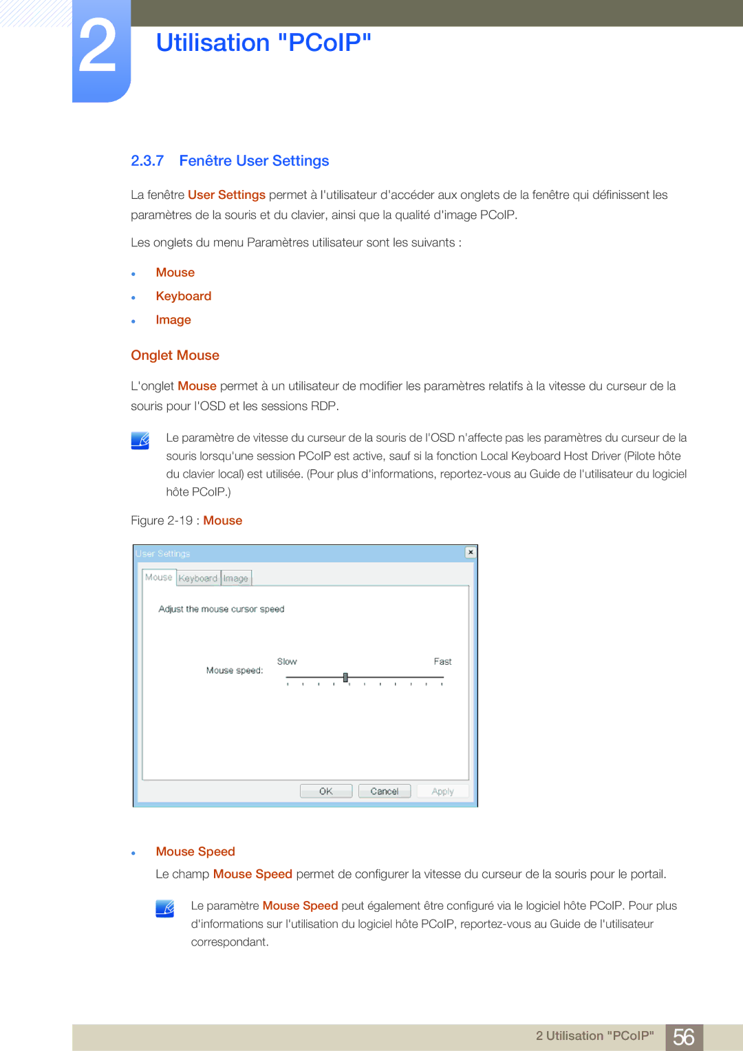 Samsung LF22NSBTBN/EN, LF19NSBTBN/EN manual 7 Fenêtre User Settings, Onglet Mouse, Mouse Keyboard Image, Mouse Speed 