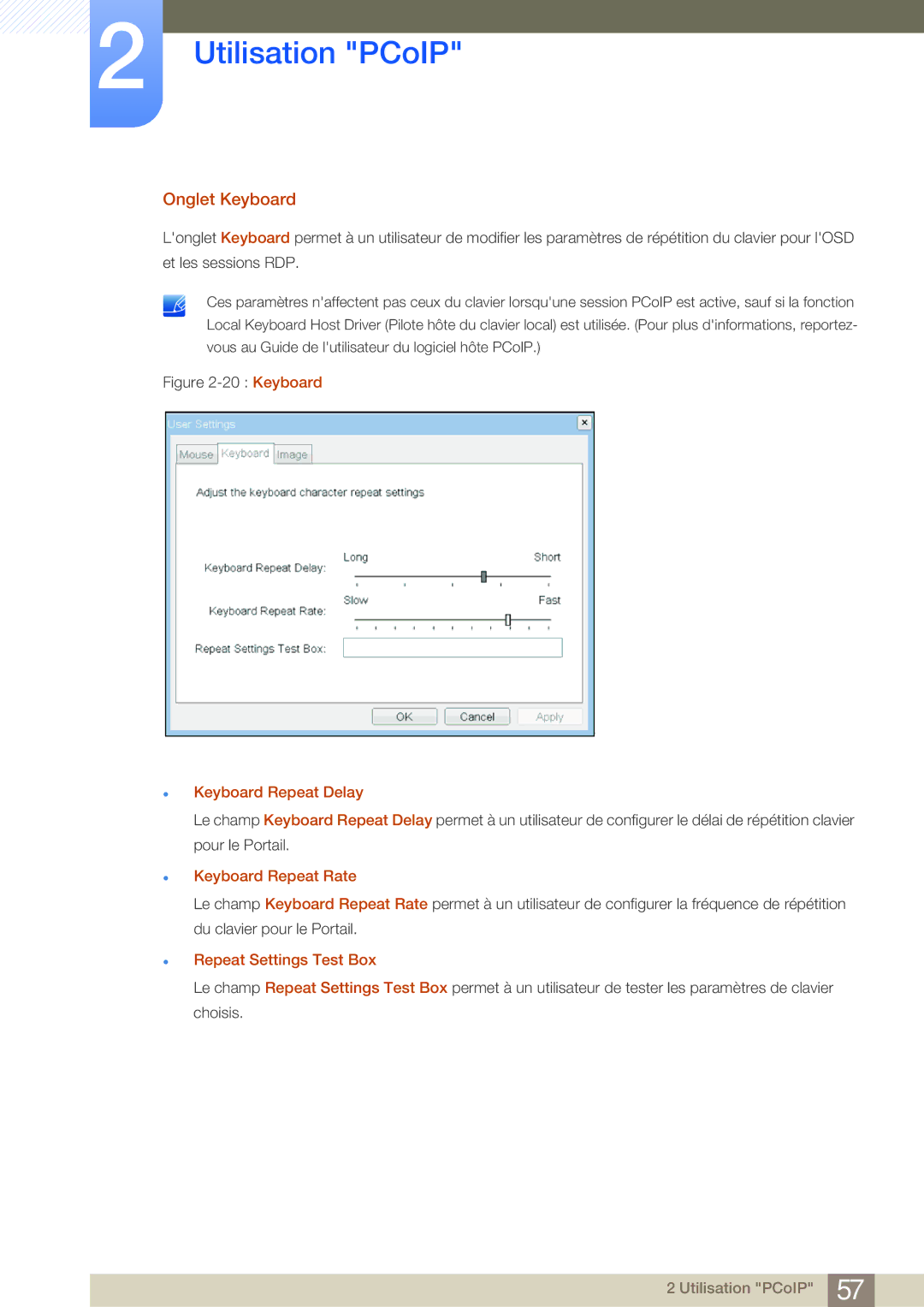 Samsung LF19NSBTBN/EN manual Onglet Keyboard, Keyboard Repeat Delay, Keyboard Repeat Rate, Repeat Settings Test Box 