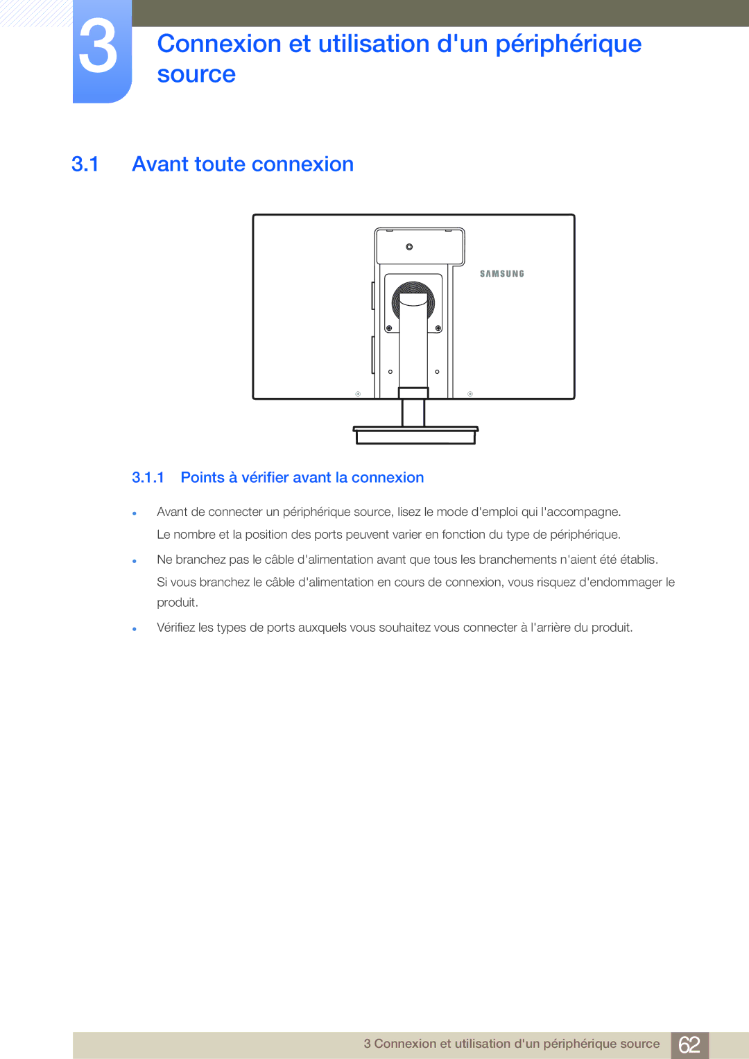 Samsung LF22NSBTBN/EN, LF19NSBTBN/EN, LF24NSBTBN/EN Connexionsource et utilisation dun périphérique, Avant toute connexion 