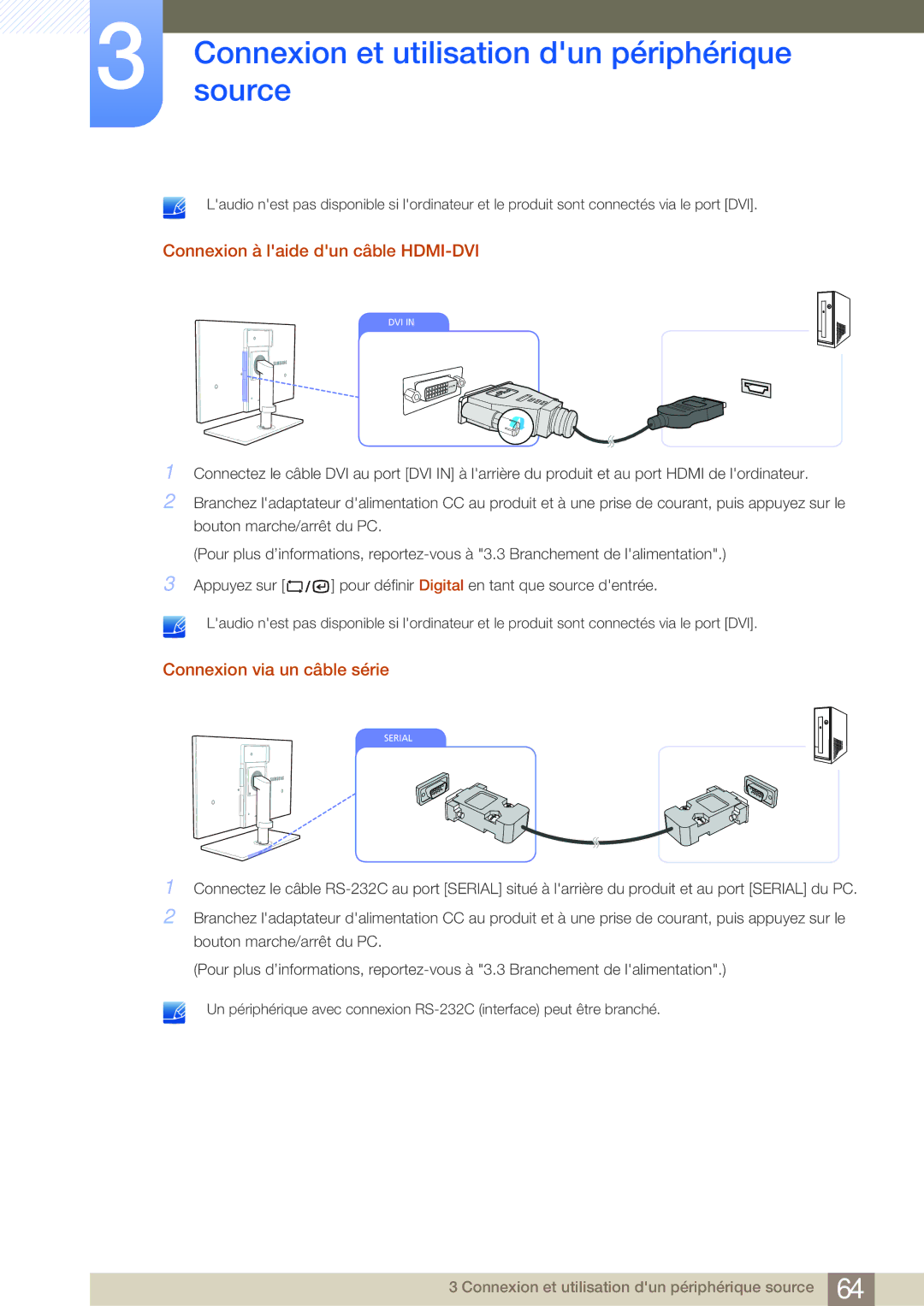 Samsung LF24NSBTBN/EN, LF19NSBTBN/EN, LF22NSBTBN/EN manual Connexion à laide dun câble HDMI-DVI, Connexion via un câble série 