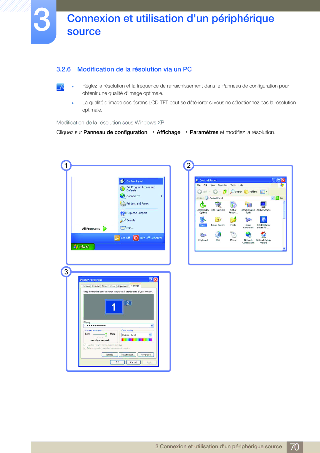 Samsung LF24NSBTBN/EN manual Modification de la résolution via un PC, Modification de la résolution sous Windows XP 