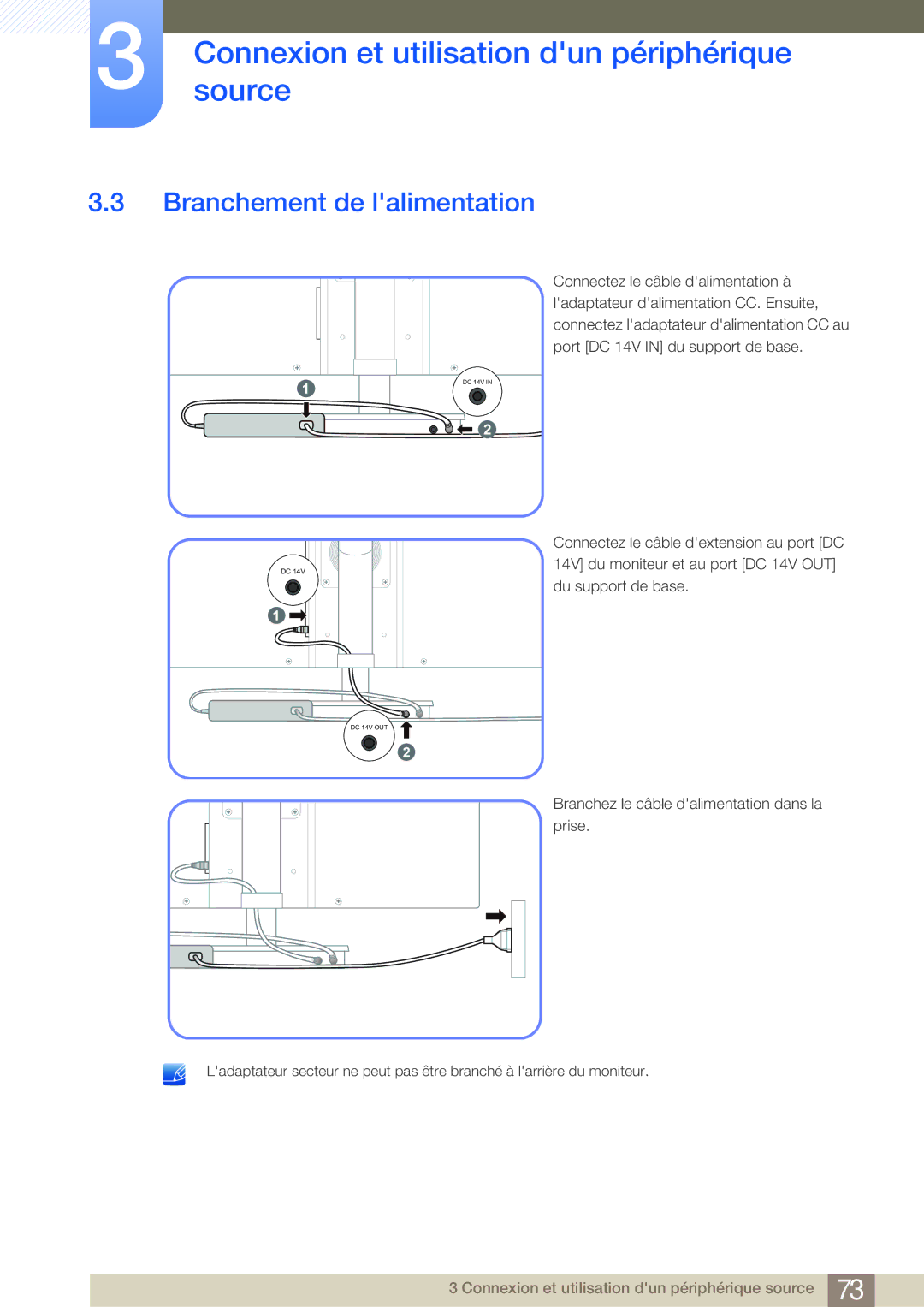 Samsung LF24NSBTBN/EN, LF19NSBTBN/EN, LF22NSBTBN/EN manual Branchement de lalimentation 