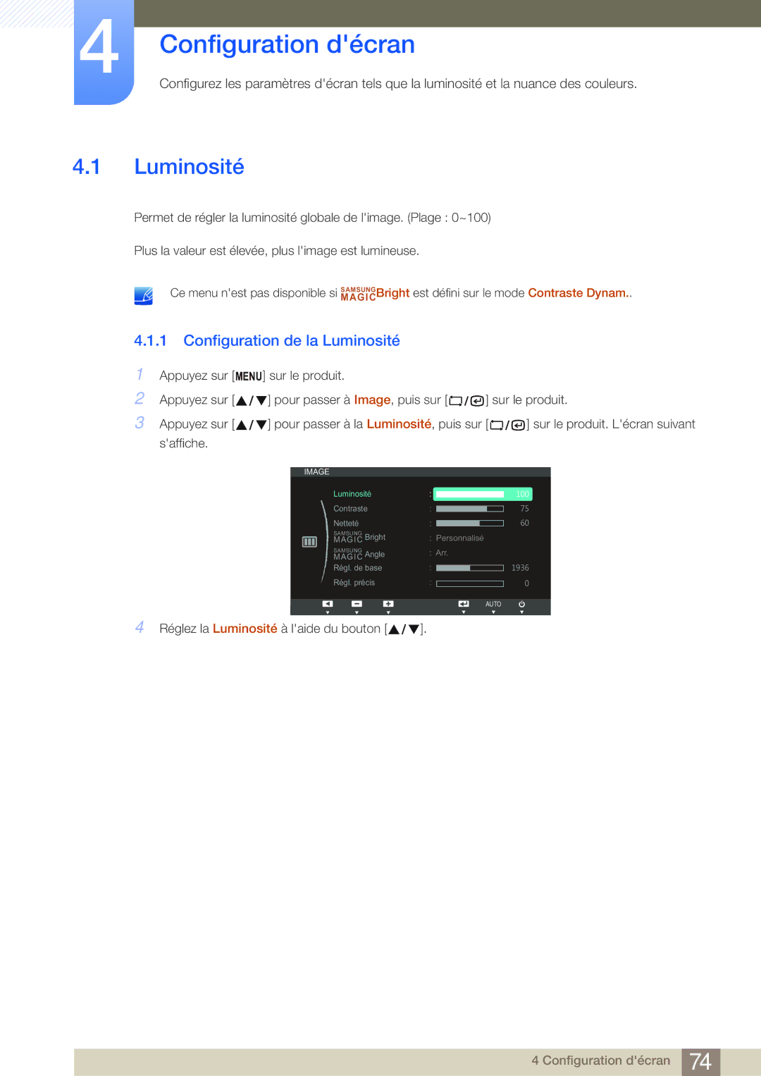 Samsung LF22NSBTBN/EN, LF19NSBTBN/EN, LF24NSBTBN/EN manual Configuration décran, Configuration de la Luminosité 