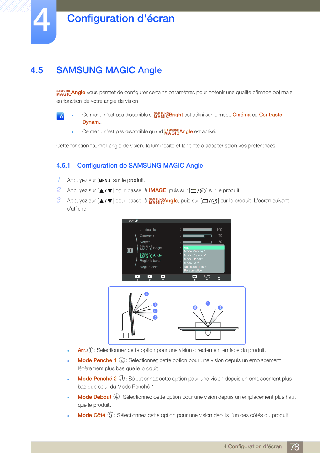 Samsung LF19NSBTBN/EN, LF24NSBTBN/EN, LF22NSBTBN/EN manual Configuration de Samsung Magic Angle 