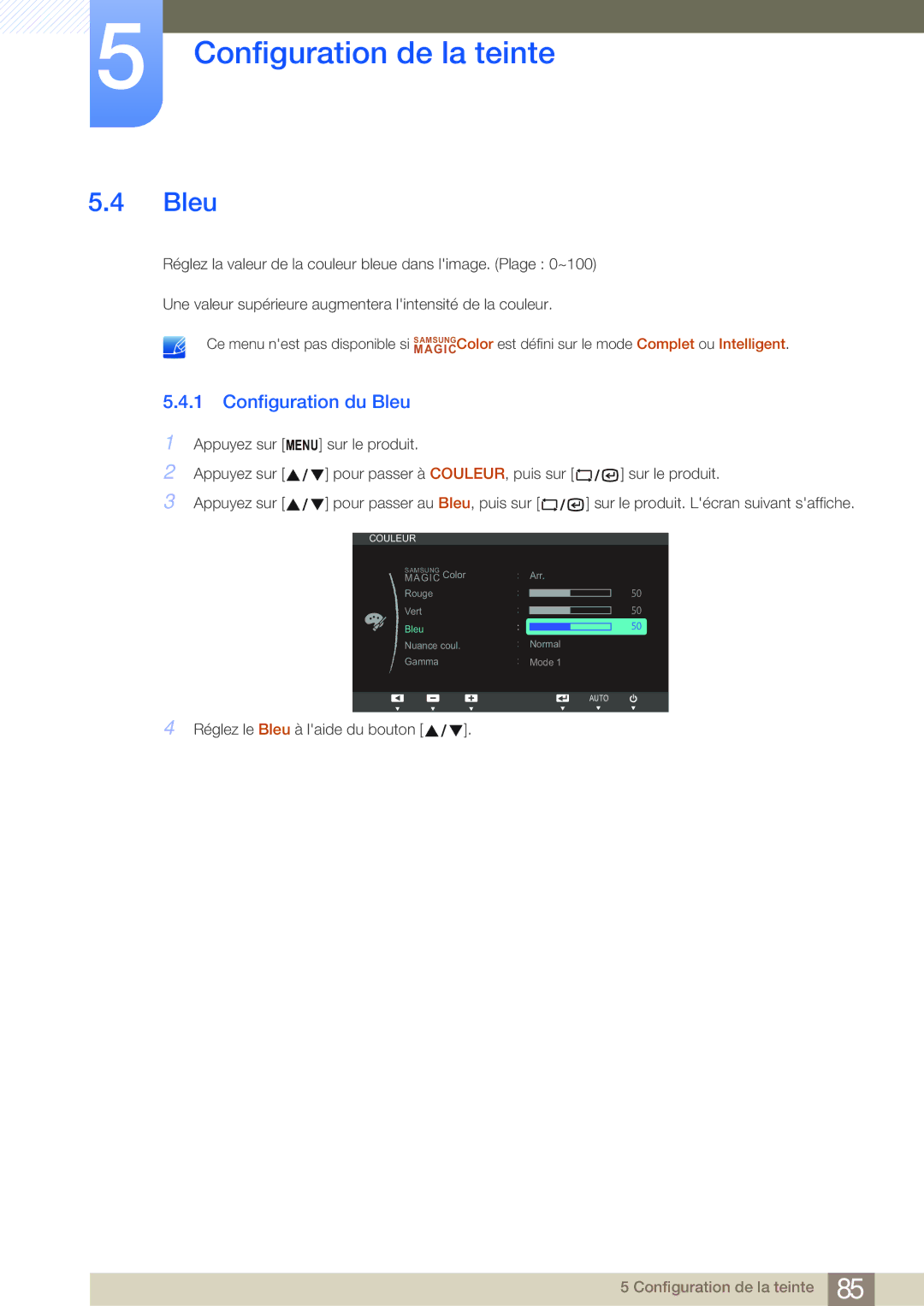 Samsung LF24NSBTBN/EN, LF19NSBTBN/EN, LF22NSBTBN/EN manual Configuration du Bleu 