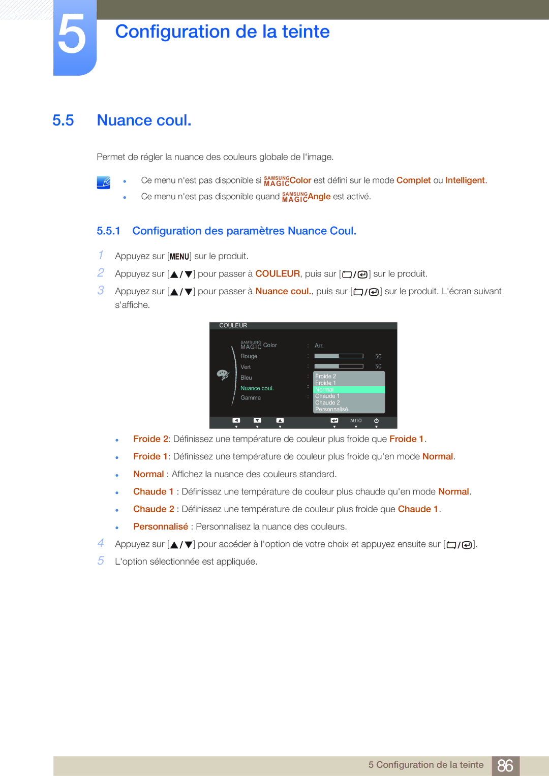 Samsung LF22NSBTBN/EN, LF19NSBTBN/EN, LF24NSBTBN/EN manual Nuance coul, Configuration des paramètres Nuance Coul 