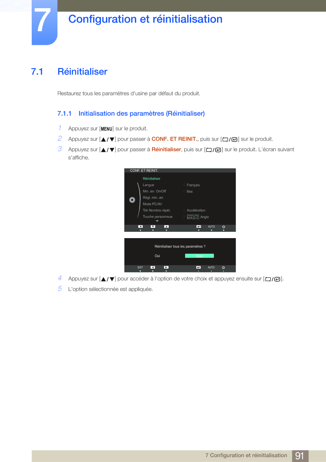 Samsung LF24NSBTBN/EN, LF19NSBTBN/EN Configuration et réinitialisation, Initialisation des paramètres Réinitialiser 