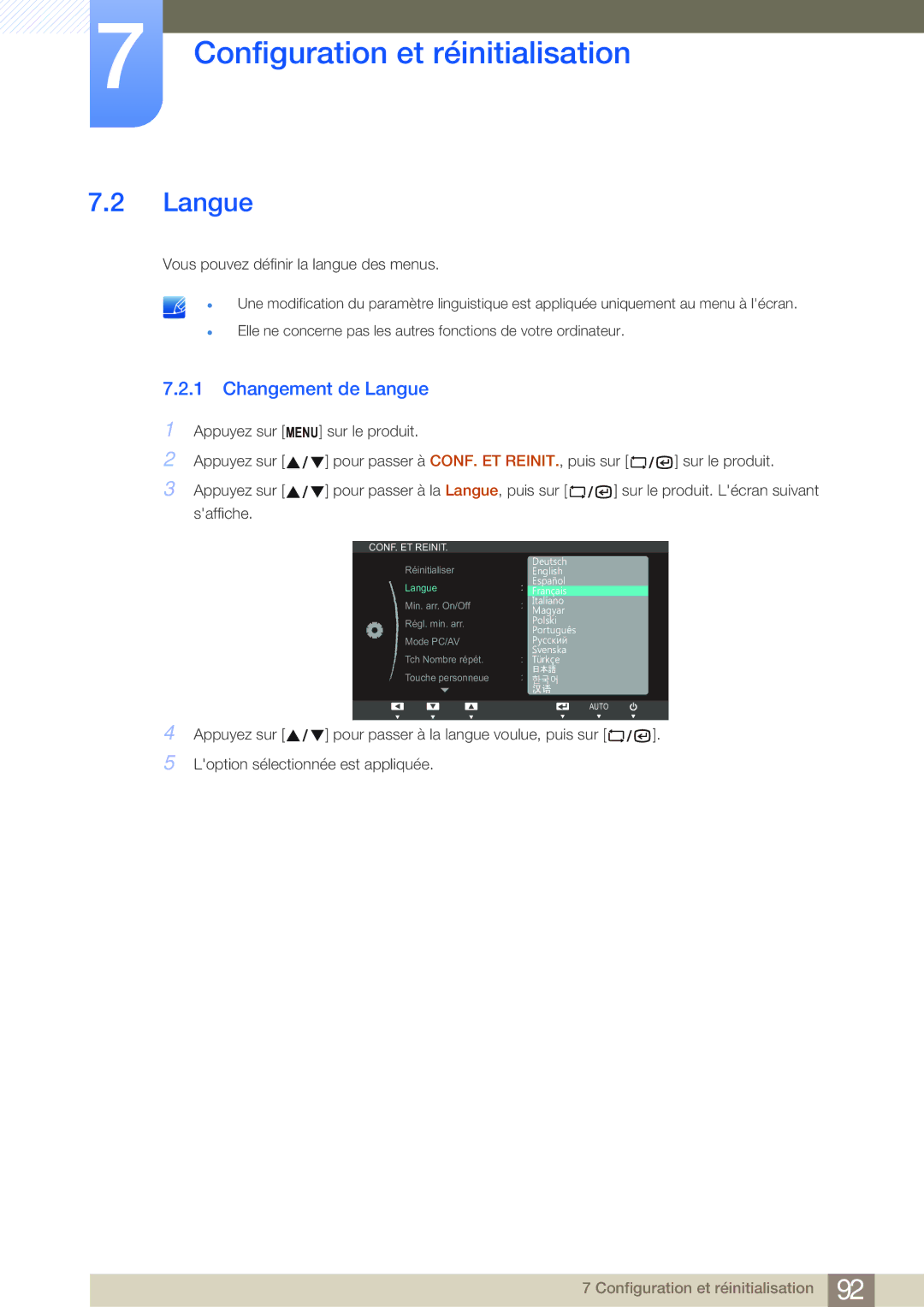 Samsung LF22NSBTBN/EN, LF19NSBTBN/EN, LF24NSBTBN/EN manual Changement de Langue 