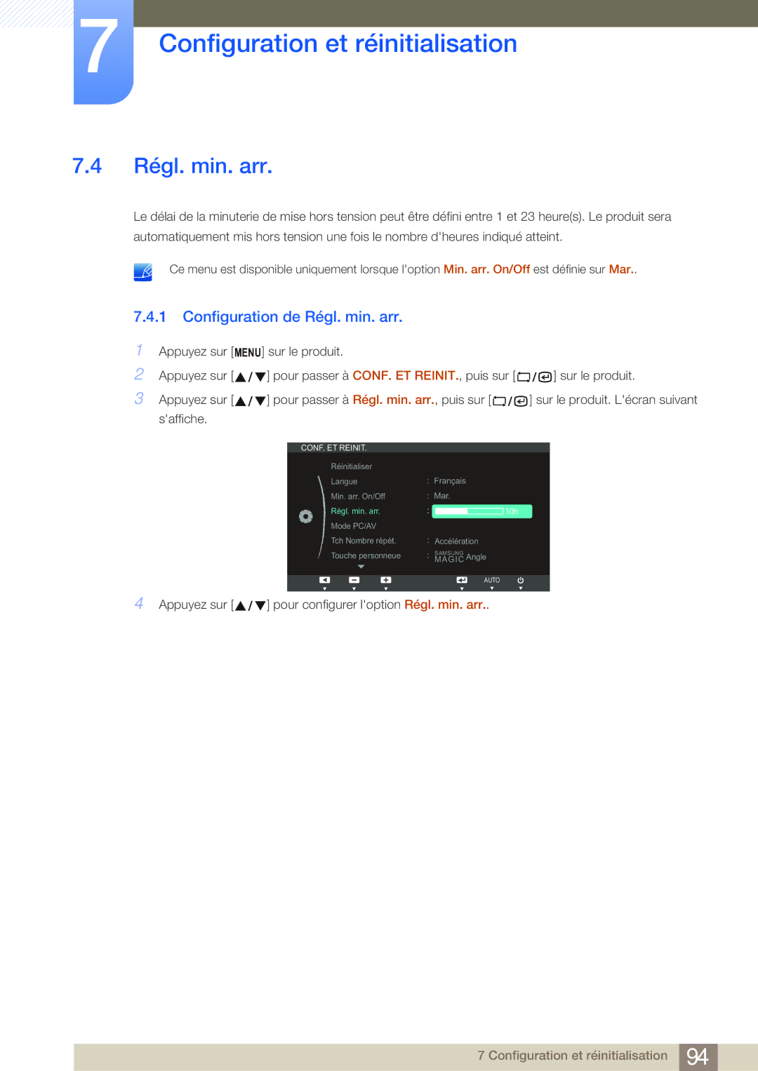 Samsung LF24NSBTBN/EN, LF19NSBTBN/EN, LF22NSBTBN/EN manual Configuration de Régl. min. arr 