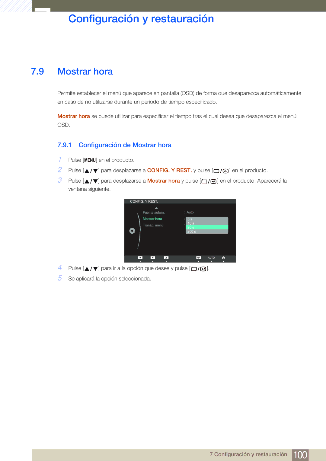 Samsung LF24NSBTBN/EN, LF19NSBTBN/EN, LF22NSBTBN/EN manual Configuración de Mostrar hora 