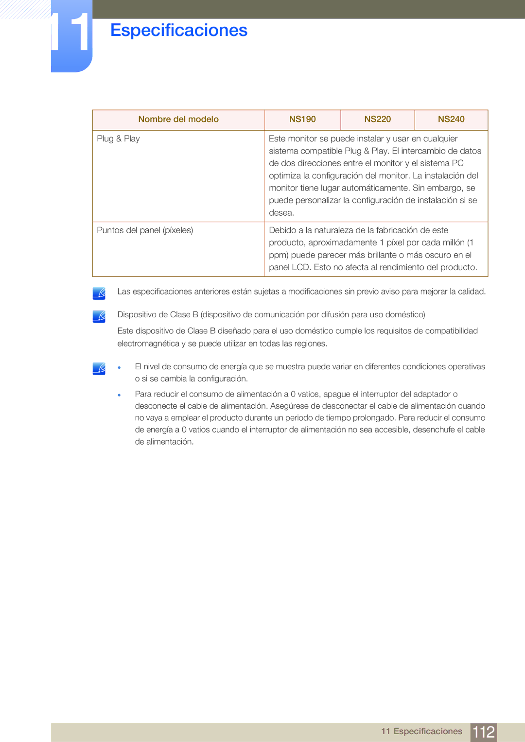 Samsung LF24NSBTBN/EN, LF19NSBTBN/EN, LF22NSBTBN/EN manual Especificaciones 